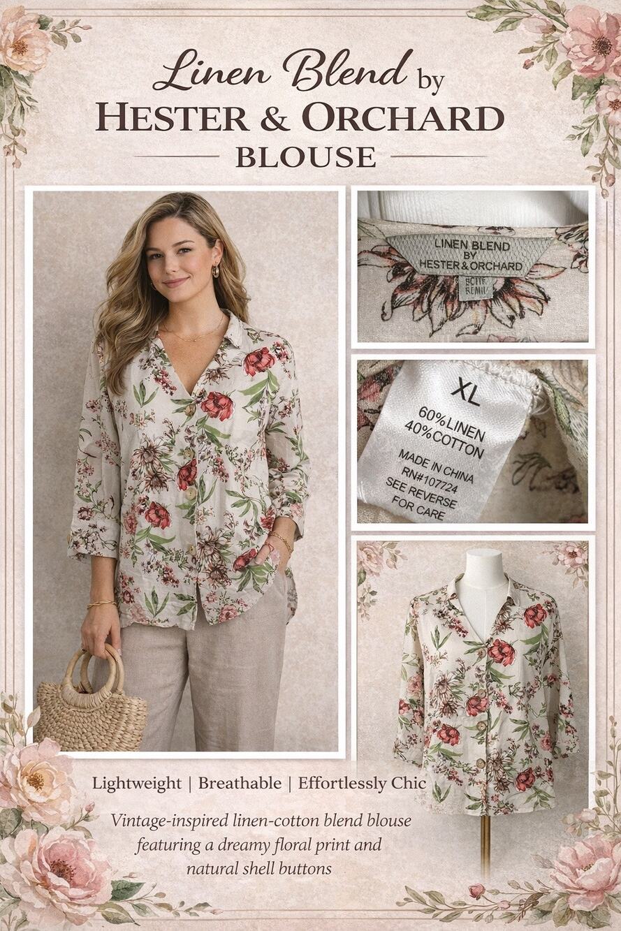 VTG Hester & Orchard Linen Blend Floral Blouse XL Cottagecore Button Front Top